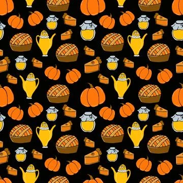 Pattern - pumpkin pie with tea, honey and pumpkins on black イラスト素材
