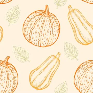 Pattern with pumpkins and green leaves. Stock Illustration
