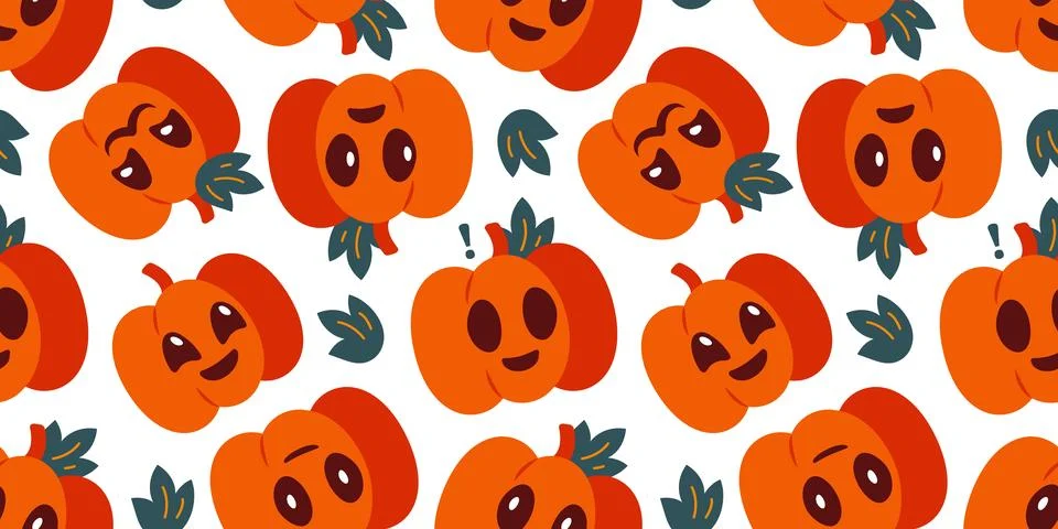 Pattern of Pumpkins with Faces, different Emotions. Seamless print of Funny Stock Illustration