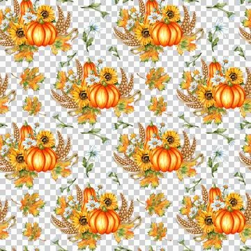 Pattern pumpkins sunflowers daisies wheat and maple leaves watercolor 스톡 일러스트