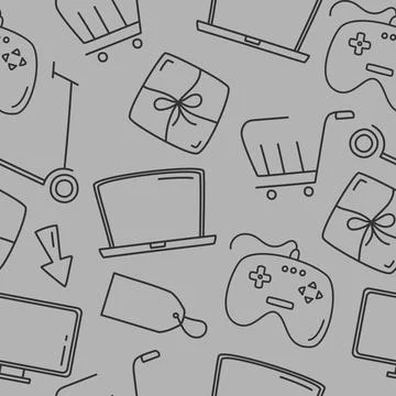 Pattern with purchases black thin lines on a gray background Vector Stock Illustration