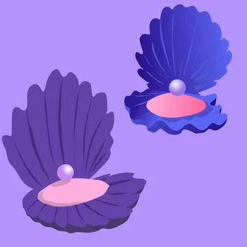 Pattern of purple and blue open sea shells with pearls inside Stock Illustration