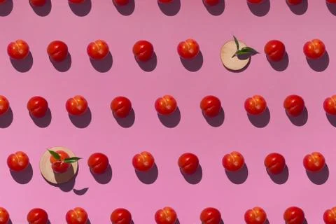 Pattern on a purple background with ripe red plums and wooden coasters Foto stock