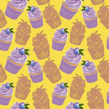 A pattern of purple cupcakes and line drawings shiny line on a yellow backgro Stock Illustration
