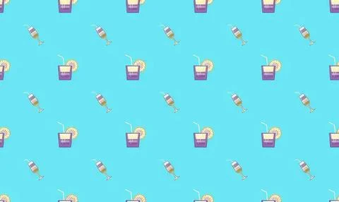 Pattern of purple drinks with lemon slices and straws on blue background Иллюстрация