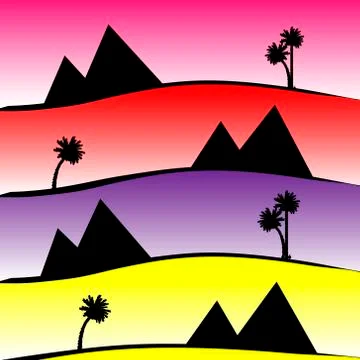 Pattern with pyramids and palms at sunset Stock Illustration