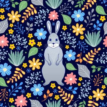 Pattern with rabbit and flowers Stock Illustration