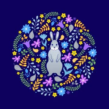 Pattern with rabbit and flowers Stock Illustration
