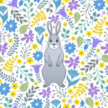 Pattern with rabbit and flowers Stock Illustration
