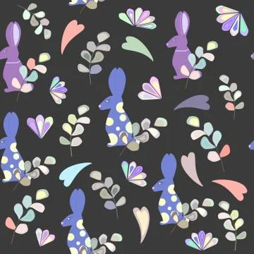 Pattern of rabbit, leaves and flowers, colored hearts Stock Illustration