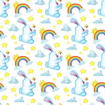 Pattern rabbit rainbow stars clouds Stock Illustration