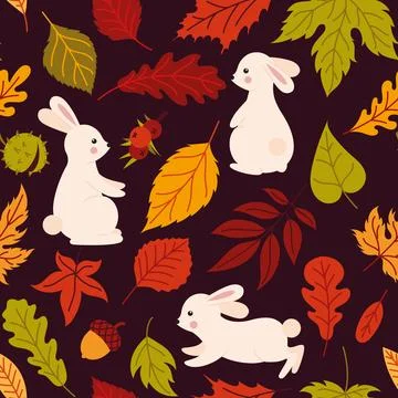A pattern with rabbits and autumn leaves Stock Illustration