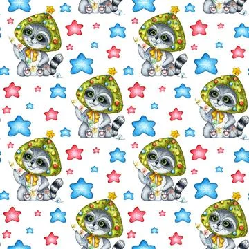 Pattern raccoon in a hat with a herringbone and stars  watercolor Illustrazione stock