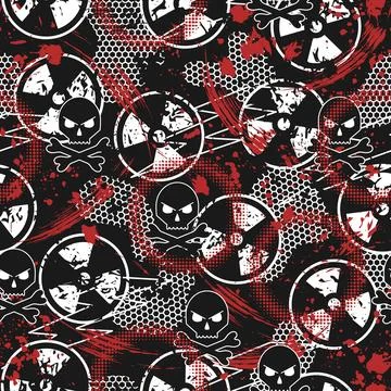 Pattern with radiation symbol, red paint, skull Illustrazione stock