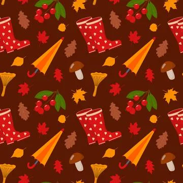 Pattern with rain boots, umbrella and mushrooms Illustrazione stock