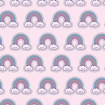 Pattern with rainbow and clouds, patch style Stock Illustration