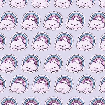 Pattern with rainbow and clouds, patch style 스톡 일러스트