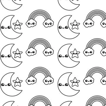 Pattern of rainbow with clouds and moon kawaii style Illustrazione stock