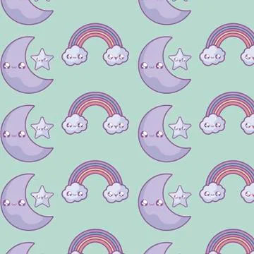 Pattern of rainbow with clouds and moon kawaii style Stock Illustration