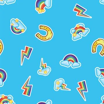Pattern rainbow, clouds and stars, multicolor lightning strikes and horse shoe イラスト素材