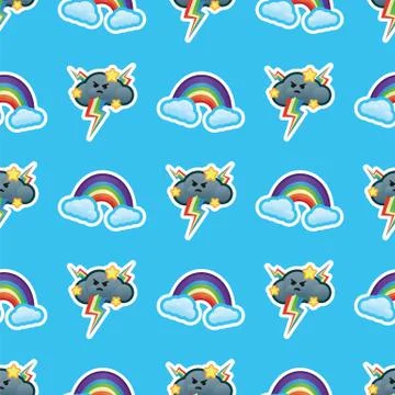 Pattern rainbow with clouds, multicolored lightning strikes and stars Stock Illustration