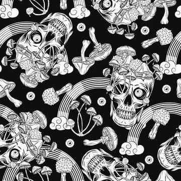 Pattern with rainbow, human skull, mushrooms イラスト素材