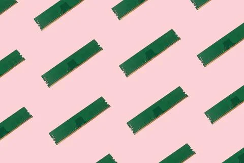 Pattern of RAM microchip on pink pastel background. Top view. 스톡 사진