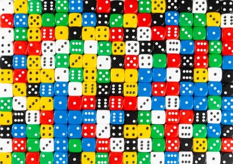 Pattern of random ordered polychrome dices Stock Photos