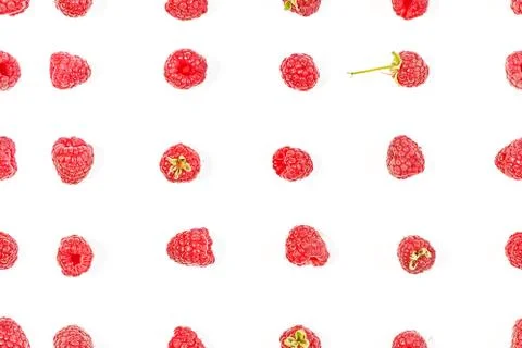 Pattern of raspberries spread out in lines on a white background in various p Stock Photos