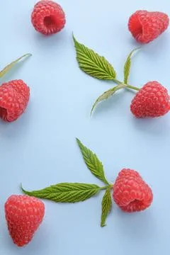 Pattern of raspberry and green leaves on blue background. Flat lay summer ber Stock Photos