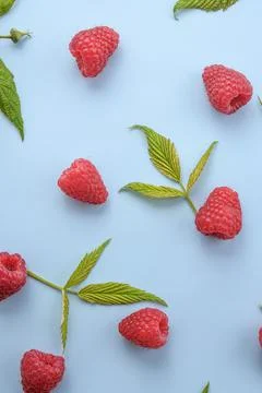 Pattern of raspberry and green leaves on blue background. Flat lay summer ber Stock Photos