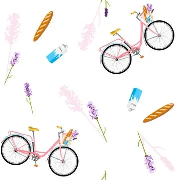 Pattern with realistic bicycle, seamless pattern with romantic bike, flowers Stock Illustration