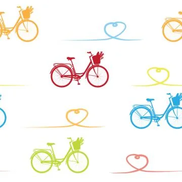Pattern with realistic bicycle, seamless pattern with romantic bike in red Stock Illustration