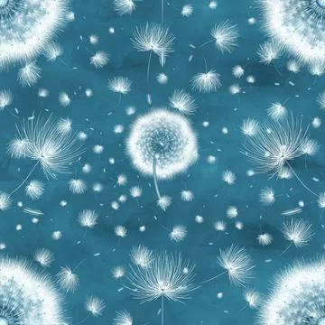 The pattern with a realistic dandelion on blue painted in watercolor and pastel Stock Illustration