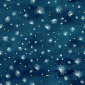 The pattern with a realistic dandelion on deep blue painted in watercolor and Stock Illustration