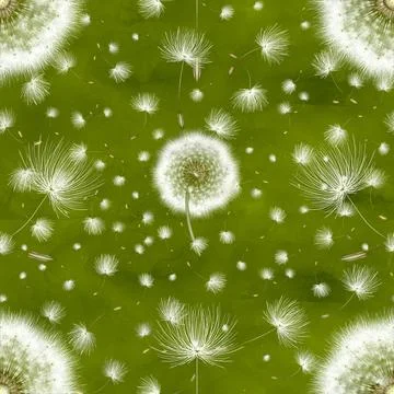 The pattern with a realistic dandelion on green painted in watercolor and pastel Stock Illustration