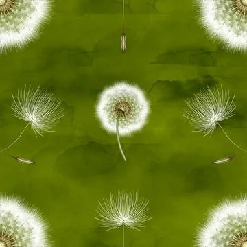 The pattern with a realistic dandelion on green painted in watercolor and pastel Stock Illustration