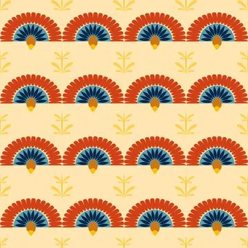 A pattern of red and blue flowers with yellow accents Stock Illustration