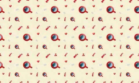 Pattern with red and blue magnifying glass icons and hearts Stock Illustration