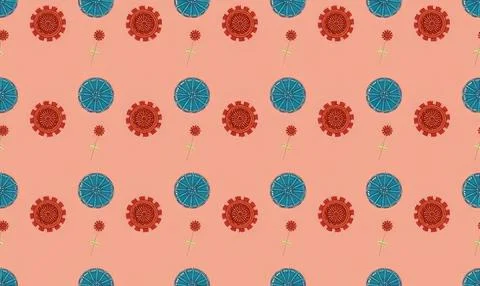 Pattern of red and blue virus icons on pink background Stock Illustration