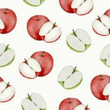 Pattern of red and green apples with slices on a white background Stock Illustration