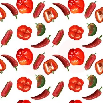 Pattern of red and green sweet peppers and red hot chili peppers. Stock Illustration