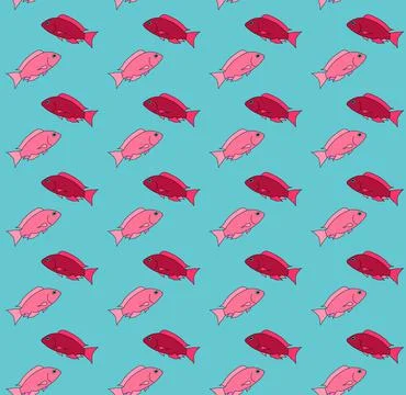 The pattern of red and pink beautiful, drawn, cartoon fish floating in differ Stock Illustration