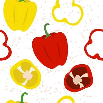 Pattern with red and yellow peppers with slices. Seamless vector pattern with Stock Illustration