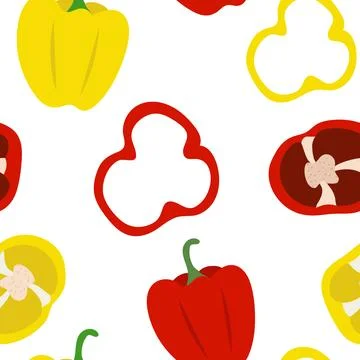 Pattern with red and yellow peppers with slices. Seamless vector pattern with Stock Illustration