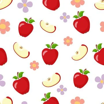 Pattern of red apples with green leaves. Whole fruits and slices, with purple Stock Illustration