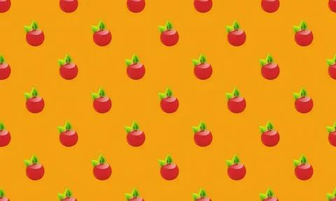 Pattern of red apples with green leaves on yellow background Stock Illustration