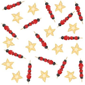A pattern of red berries and black grapes and sliced stars fruit. Fresh fruit fu Stock-Illustration