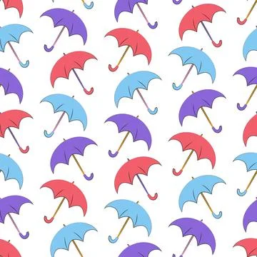 Pattern of red, blue and purple falling umbrellas. Seamless autumn static Stock Illustration