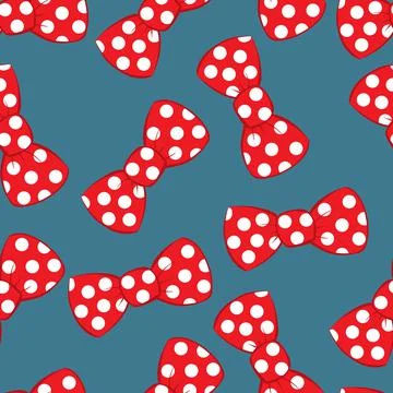 Pattern, red bow tie with white polka dots on a blue background, vector illus Stock Illustration